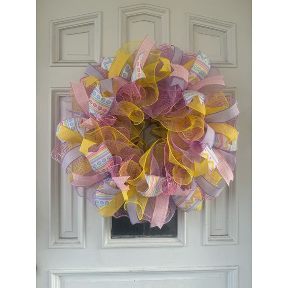 Easter Bunny Gnome Welcome Mesh Ribbon Easter Wreath Front Door Hanger - Picture 2 of 5